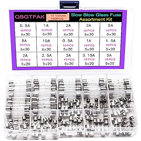 QBGTFAK 15 Values150pcs Slow Blow Glass Fuses Assorted Kit 6x30mm, 250V 0.5A, 1A, 2A, 3A, 5A, 8A, 10A, 5x20mm, 250V 0.5A, 1A, 1.5A, 2A, 2.5A, 3A, 3.15A, 5A, packag in a Clear Plastic Box Cover