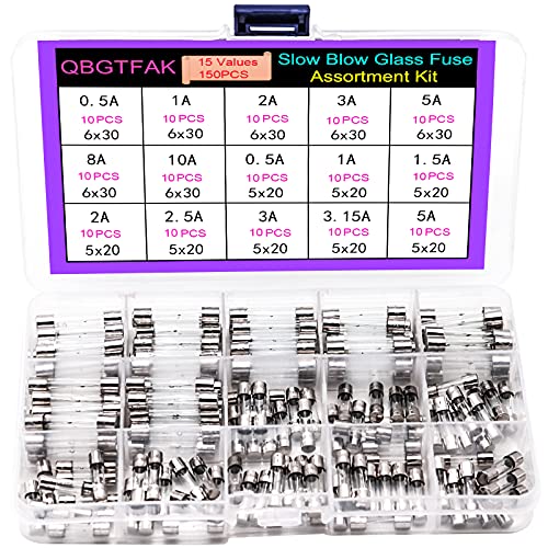 QBGTFAK 15 Values 150pcs Slow Blow Glass Fuses Assorted Kit