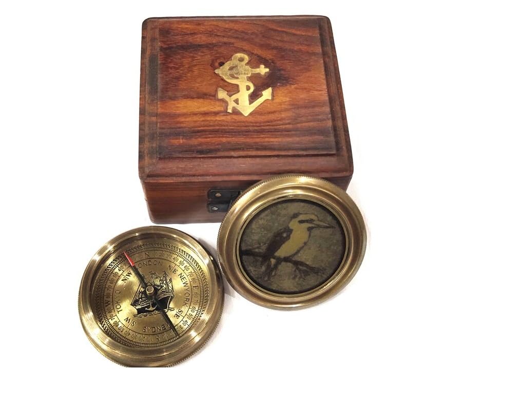 Brújula antigua de latón con caja de madera - brújula náutica marina grabada, regalo de bautizo