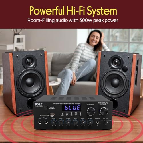 Image of Pyle Karaoke Amplifier - Bluetooth Stereo Receiver, Dual Mic Inputs with Delay & Reverb, USB /SD /FM, RCA /AUX Inputs, Bass & Treble EQ, Remote Included - PDA69BU.5