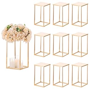 Sziqiqi Wedding Centerpieces Vase for Tables with Plates – 10 Pcs Metal Column Geometric Flower Stand 15.7in Gold Flower Display Rack Decorations for T-Stage Reception Party Fiesta Event Home