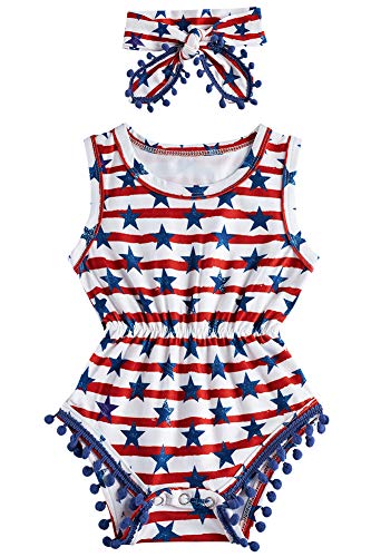 Image of Leapparel Baby Girl 4th Of July Clothes Cute Outfit For 0-3 Months Girls Romper Sleevesless Summer Onesie Funny Flag Playsuit With Heaband Infant Girls Bodysuit