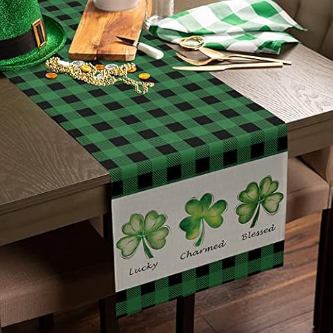St. Patrick's Day Table Runner Dresser Scarves Shamrock Lucky Charmed Blessed Non-Slip Runner Rectangle Kitchen Tablecloth Green Buffalo Plaid Holiday Dinner Parties Home Decor, 13" x 90" Cover