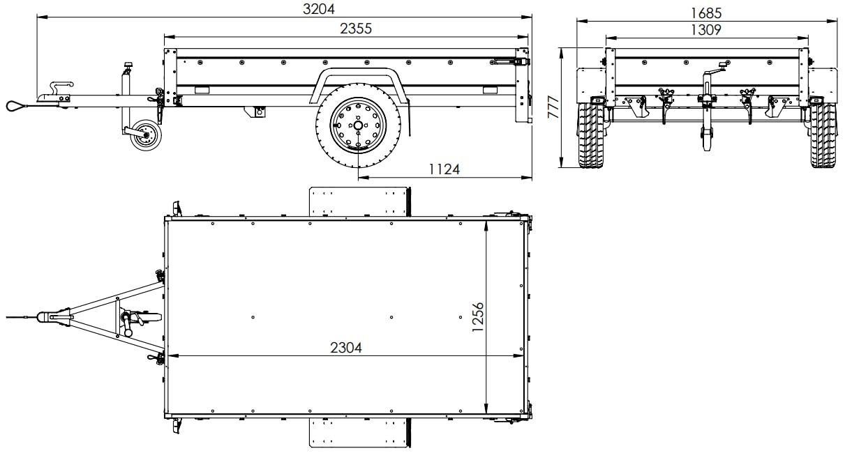 UNITRAILER Robuster Anhänger mit Kippfunktion, 750 kg Zuladung, 2304 x 1256 cm Ladefläche, Bordwände