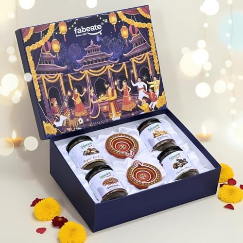 Image of Fabeato Premium Special Variety of Flavoured Nuts Mixed Dry Fruits Diwali Festive Gift Box for 420g and with two Elegant Diyas| Perfect Diwali Gift for Loved ones| Corporate Gifts| All Occasion Gift Box Hamper