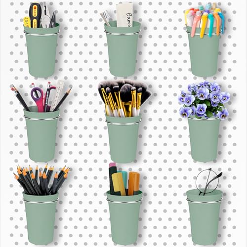 Image of Pegboard Cups With Loops, 9 Pack Matcha Green Peg Board Holder Organizer | 1 /8 inch 1 /4 inch Pegboard Accessories, Plastic Hanging Organizer Cups, Tool Organizer Set for Garage Craft Workshop Hobby Storage