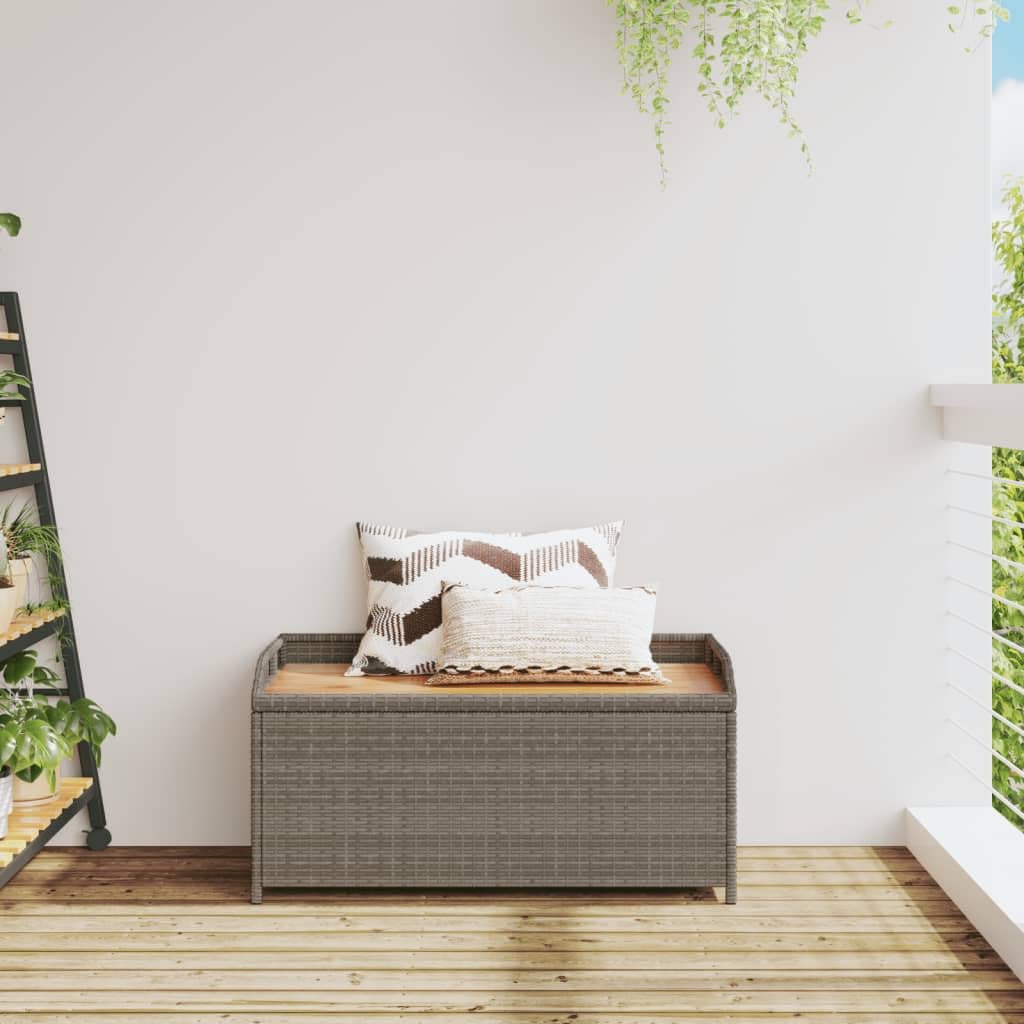 Panca portaoggetti da esterno con seduta in legno di acacia e rattan PE di colore grigio, dimensioni 100 x 50 x 52 cm, spazio di archiviazione impermeabile e meccanismo di sicurezza