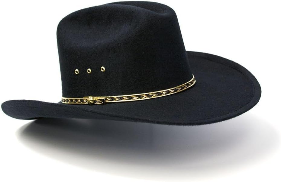Western Express Men's Faux Felt East Clintwood Cowboy Hat with Gold Band Rodeo Cattleman Mexican - Black Color ADULTS SIZE ( 59 ) - 7 3/8