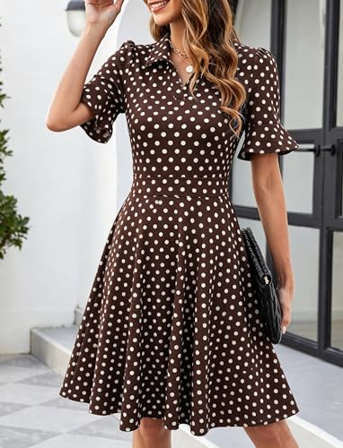 Image of Mokayee Womens Summer Ruffle Sleeve Collared V Neck Fit and Flare Elegant A line Swing Dresses with Pockets