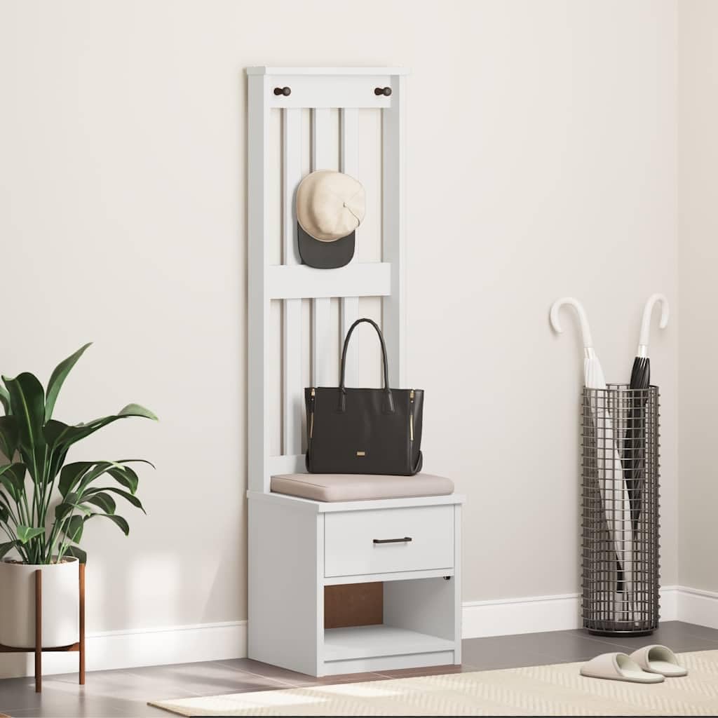 Perchero SANDNES blanco de madera de pino maciza, 45 x 40 x 159,5 cm, con espacio de almacenamiento, banco, cajón y compartimento abierto para pasillo, pasillo y entrada al orden