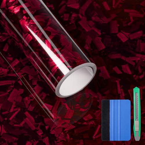 Image of LYPUMSO Forged Carbon Fiber Vinyl Wrap, Gloss Red Car Vinyl Wrap Roll with 2PCS Installation Tool Kits, Self-Adhesive DIY Decal Sticker Film Sheet for Auto Motorcycle with Air Release (1ft x3.5ft)