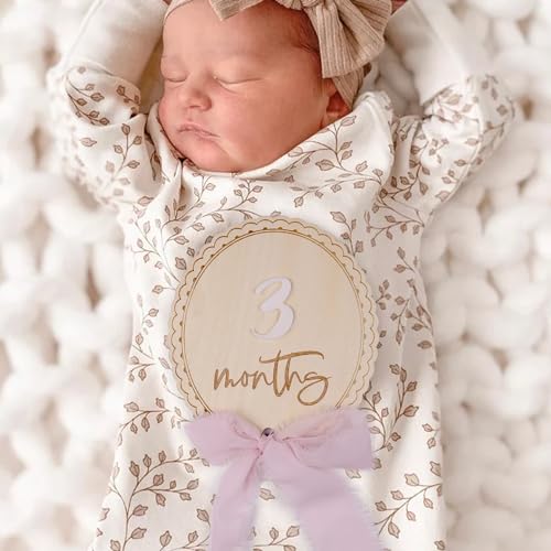 Baby Monthly Milestone, Wooden Baby Milestone Signs, Monthly Milestone Wood Discs, Baby Milestone Discs, Baby Photo Props Cards Interchangeable Number Set of 12 for Baby Growth Recording (Ribbon)