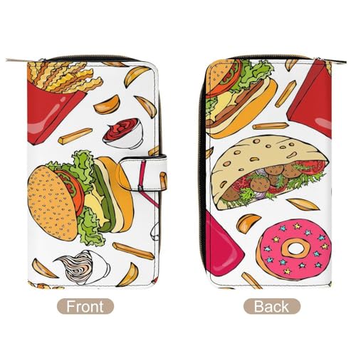 Women Soft PU Leather Wallet, Zipper Card Case Clutch Credit Bills Money Crash Coin 7.8x4.3x1.4 in Holder Purse Print Burger French Fries Donut4
