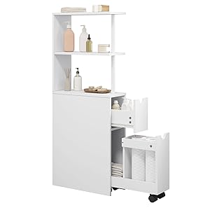 EUGAD 0207WY - Armario de baño estrecho con 2 cajones, 2 estantes, armario blanco para cocina, salón, dormitorio, madera, 19 x 45 x 113 cm