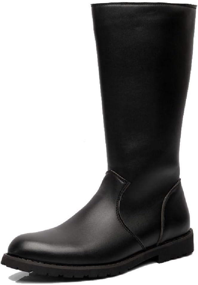 Men Military Boots Leather Long Boots Unisex Equestrian Shoes Parade-Show Round Toe Knight Boots Large Size Riding Flat Casual Side Zipper Shoes,Black-45