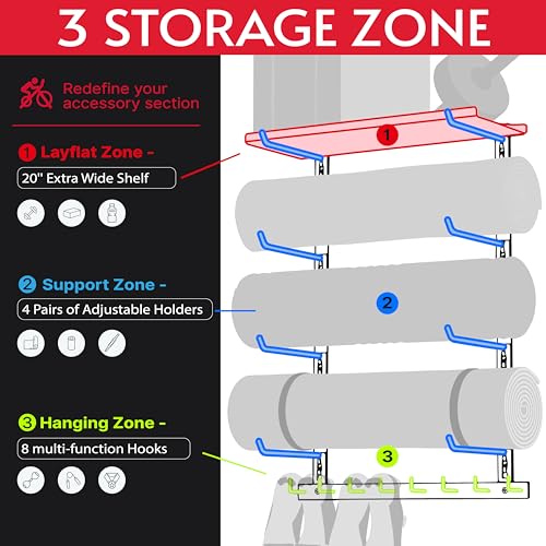 Home Gym Storage Shelf Only, Adjustable Gym Equipment Organizer Wall Mounted with 1 Board, Yoga Mat Holder, Storage Rack Compatible with Peloton Shoes & Mat, Shelf for Home Training Accessories - Image 3