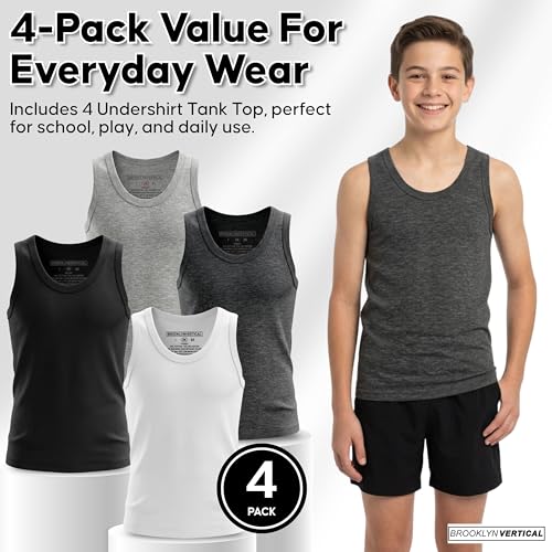 Image of BROOKLYN VERTICAL Boys 4 Pack Undershirt Tank Top - Tagless Cotton Super Soft Runs Small