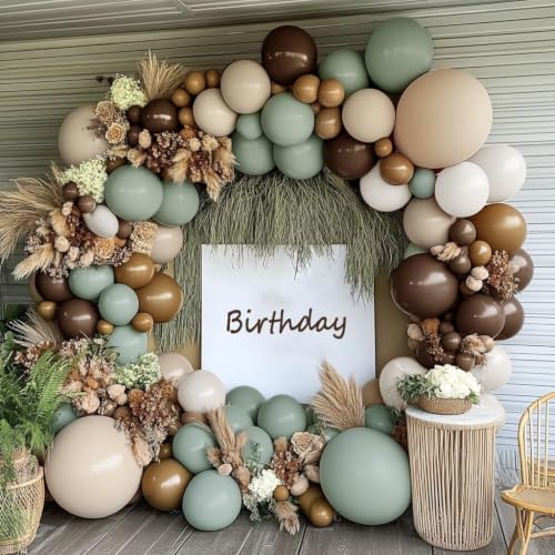 Image of Dusty Green Nude Balloon Arch Double Stuffed Sage Green Brown Beige White Sand Cream Balloon Garland Kit for Neutral Baby Shower Birthday Wedding Woodland Wild One Dinosaur Fall Boho Party Decor