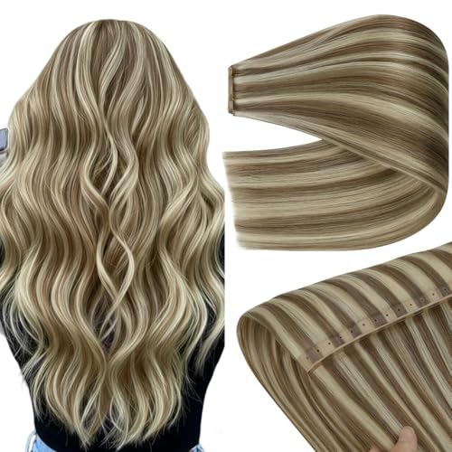 Image of YoungSee Butterfly Weft Hair Extensions Human Hair Highlights, 100g 20 Inch Seamless PU Hole Weft Hair Extensions, Light Brown Highlight Platinum Blonde, Butterfly Hair Extension for Fine Hair