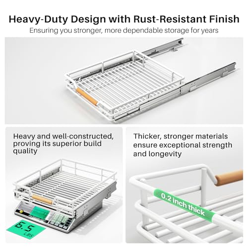 Image of Pull out Cabinet Organizer, 15 inchW X 21 inchD, Heavy Duty Smooth Sliding Under Cabinet Shelves for Pots and Pans, Full-Extension Roll out Drawers, Slide out Organization for Home Kitchen Pantry, White