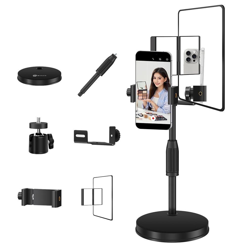 Soporte de Escritorio Redondo para Teléfono Móvil, Ideal para Transmisiones en, con Espejo, Cámara Trasera y Soporte para Selfies.