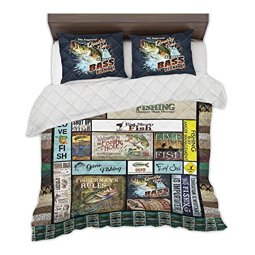 Zbigtee Fishing Quilt Live Love Fish Bedding Set - Fishing Theme Bedroom, Fishermen Quilt Sets Queen Size - Birthday Gifts For Fishing Lover, Bass Fishing Comforter Set Hunting (Queen (80X90 Inches)) #TOP4