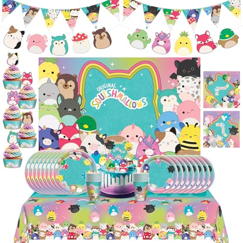 Treasures Gifted Officially Licensed Squishmallows Party Supplies - Serves 16 Guests - Ultimate Set Squishmallows Birthday Decorations - Dinnerware Banners Cake Toppers & Backdrop