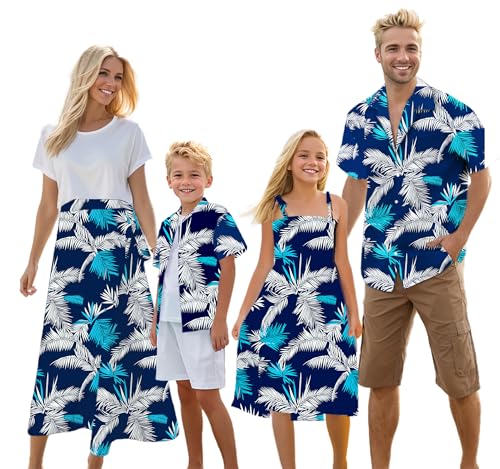 Image of Cromoncent Matching Hawaiian Outfits for Family, Dad and Son Matching Luau Beach Tropical Shirts Mommy Daughter Tropical Sets