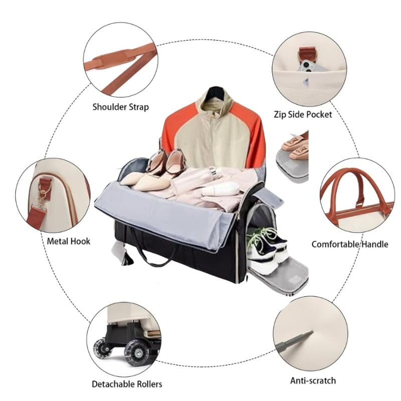 Image of FUOCO Convertible Garment Duffel Bag with Wheels | Large PU Leather Carry-On Trolley Bag for Men & Women | 2-in-1 Hanging Suit Travel Bag | Ideal for Business Trips & Weddings | 1-Year Warranty