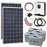 El kit incluye: 2 paneles solares de 275 W, inversor híbrido de 3000 W, 24 V, 4 baterías AGM de 100 Ah, fusible o disyuntor, cables de extensión solar y cables de batería.