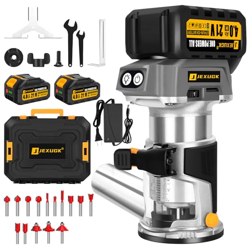 JEXUGK Brushless Cordless Wood Router, 21V Compact Trimmer Palm Router with 2x4.0Ah Battery,...