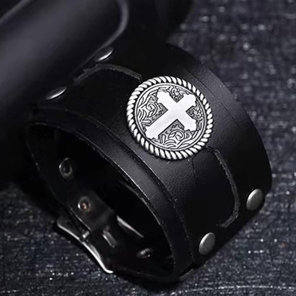 NIGHTCRUZ Wide Leather Bracelet with Cross, Medieval Leather Cuff Wristband for Mens - Image 2