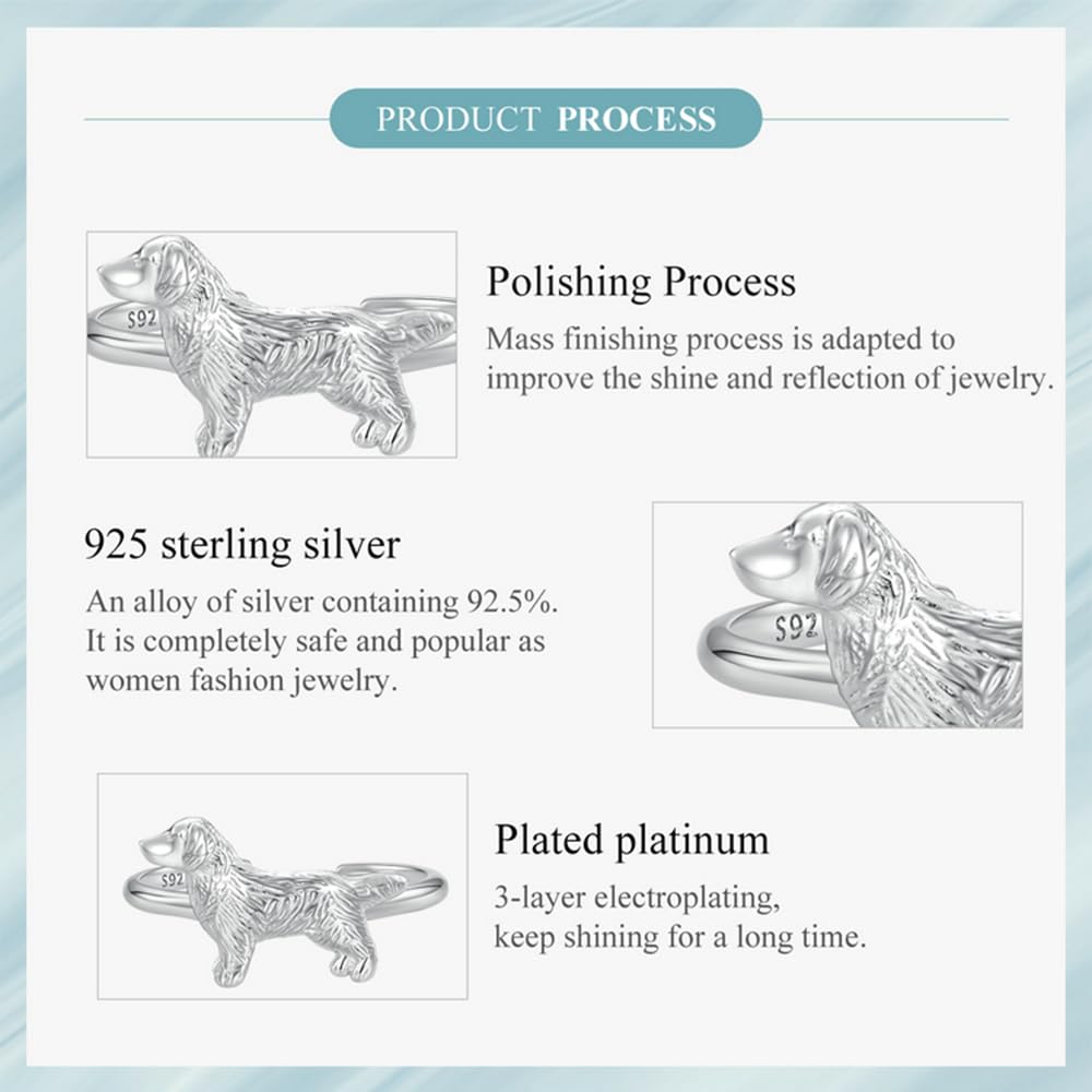 Niedlicher Gold-Retriever-Ring für Damen und Mädchen, 925er-Sterlingsilber, offener Statement-Ring für Haustiere, Hündchen, Stapelringe, Verstellbarer Finger