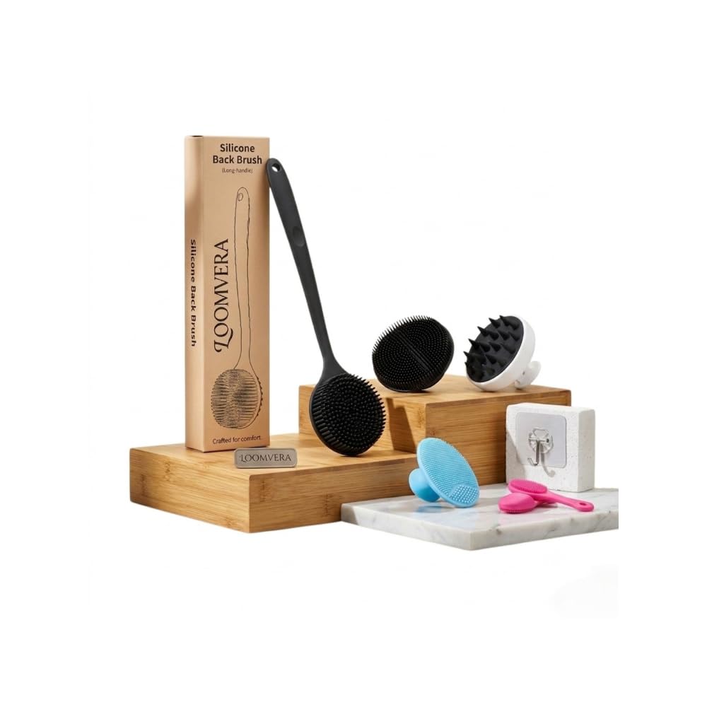 Premium Silicone Bath & Body Care Brush Set | Long Handle Back Scrubber, Scalp Massager, Body Scrubber, Facial Cleansing Brushes & Wall Hooks | Complete Bath Kit for Men & Women-picture-18