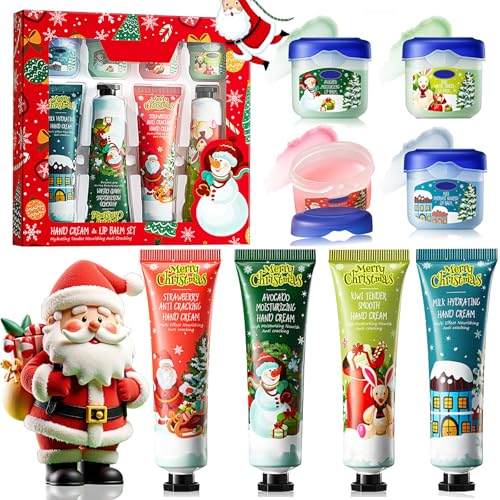 Creme mãos Natal, 4 peças Set cremes mulher presente 4 peças bálsamo lábios, presentes de Natal para mulher, adequado para mãos rachadas, cuidado nutritivo com os lábios