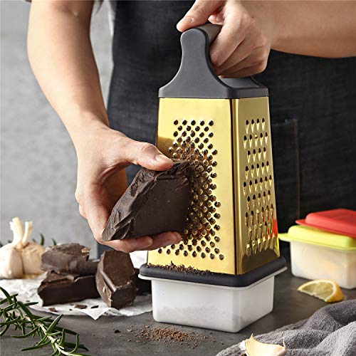 Kya53 Golden Titanium Box Grater, Stainless Steel Grater Slicer 5 Piece Set,Potato Salad Vegetables Graters Peelers 4 Sides Best For Parmesan Cheese, Vegetables, Ginger,Dishwasher Safe, Black Handle #TOP7