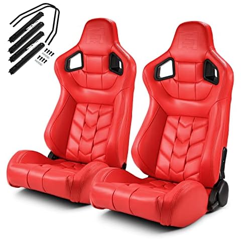 ModifyStreet [Pure Series] Pure Red PVC Reclinable Car Racing Seats Pair W/Slider Left/Right Cover