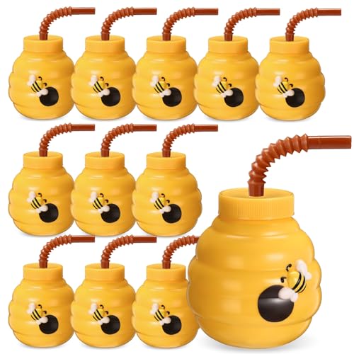 Mifoci 12 Pcs Summer Daisy Honeycomb Party Favor Drinking Cups with Lids, 10 oz Toy Bee Cups for Bee Birthday Party, Honeycomb Day Themed Party, Baby Shower Party Decorations Supplies Favor