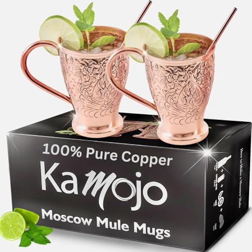 Kamojo Copper Cups Set of 2 with Unique Handcrafted Embossed Design with Anti-Tarnish Food-Grade Coating - Moscow Mule Copper Mugs Gift Set with 2 Straws & Recipe E-Book, 16 oz