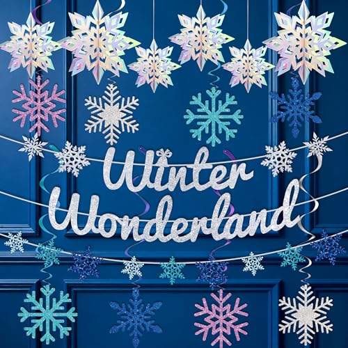 Winter Wonderland Banners, Glittery Snowflakes Hanging Swirls, 3D Laser Paper
