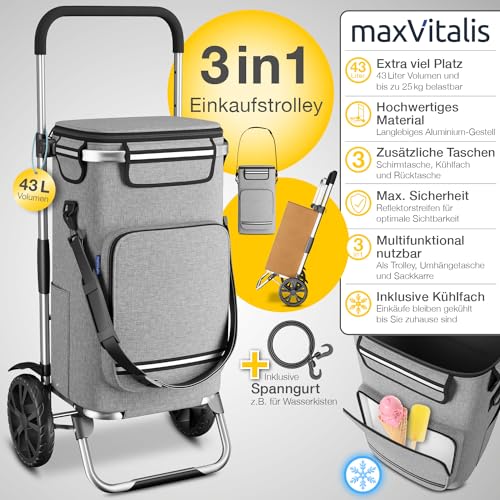 maxVitalis Einkaufstrolley klappbar, Einkaufswagen mit Kühlfach, 3in1 Trolley, Sackkarre & Umhängetasche, Einkaufsrollwagen, Shopping Trolley 43L Kapazität & Spanngurt, Hackenporsche, Silbergrau – Bild 4