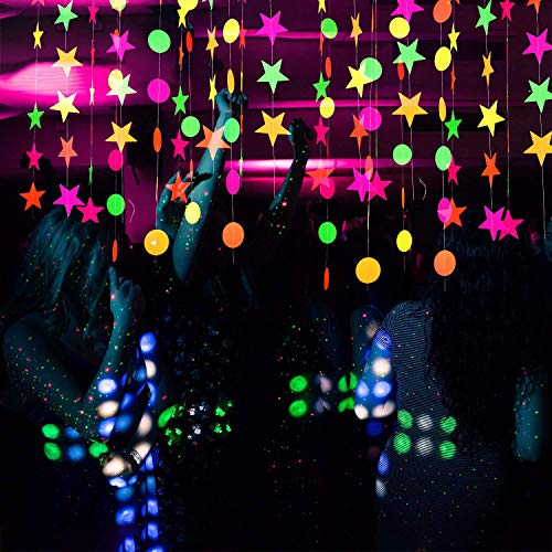 KARLOR Schwarzlicht Party Deko, 4 Pack Girlanden/Je 33 Stück, UV Papier Deko Neon Leuchtend Girlanden unter UV Licht, Stern Kreispunkt Glow Party Disco Party Girlande Papier UV Partydeko