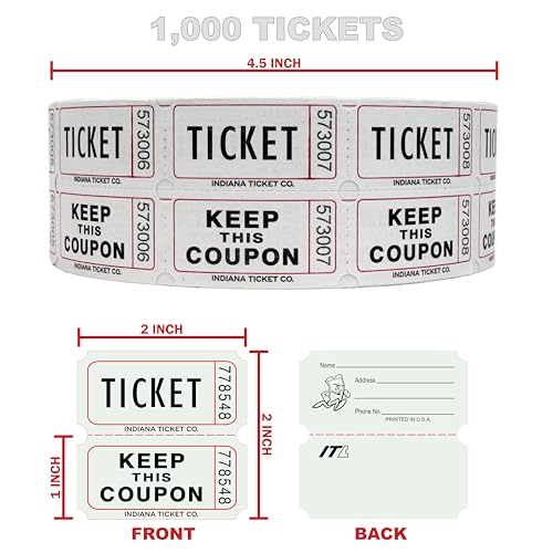 image for INDIANA TICKET CO. 1,000 White Raffle Tickets Double Roll, Premium Qua
