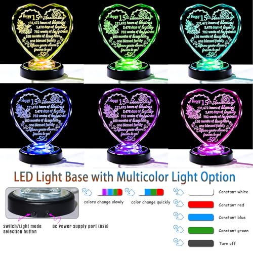 Arikyrist 15th Wedding Anniversary Crystal Gifts for Wife Glass Happy 15 Years Anniversary Heart Keepsake Ornament with LED Base 15th Anniversary Presents for Couples Friends - Image 2