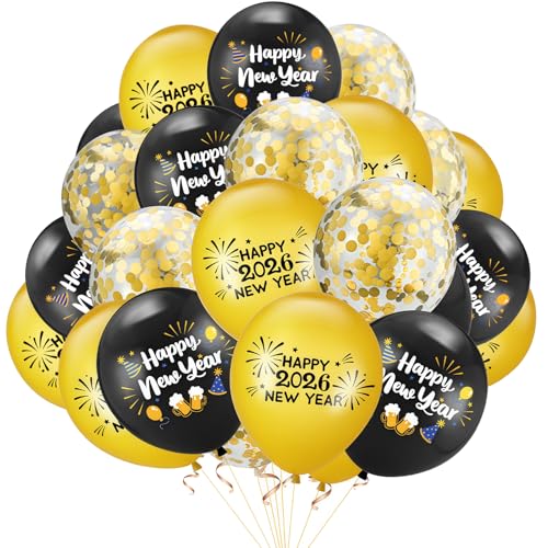 Flankor 24Pcs Happy New Year Balloons 2026 Black and Gold Confetti Balloons Decorations for New Year Eve Party Supplies