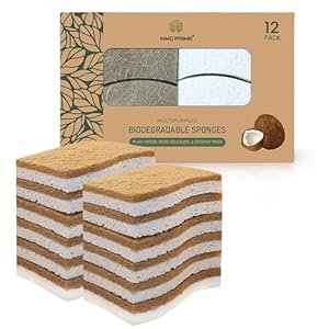 Natural Kitchen Sponge –12-Pack Biodegradable Sponges for Dishes –Compostable Dish Washing Scrubbers – Eco Friendly Non-Scratch Cellulose & Coconut Husk Scrubber Sponges for Cleaning