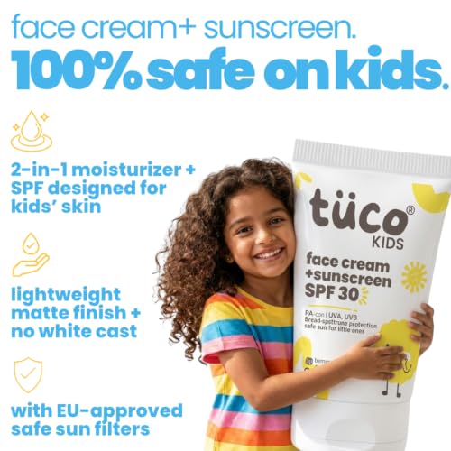 Image of Tuco Kids 2 in 1 Face Cream + Sunscreen SPF 30 with Saffron oil for Kids | Ages 2-5, 5-10, 10-15 | UVA /UVB PA++++ | Broad Spectrum | Benzophenone- 3, Avobenzone Free | 30 gm (Pack of 2)