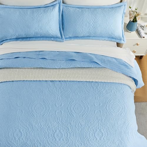 Image of ENJOHOS Light Blue California King Quilt Set, Oversized King Bedspreads 128x120, 3 Piece Soft Lightweight Extra Wide Microfiber Quilts, Vintage Boho Striped Pattern Summer Coverlet