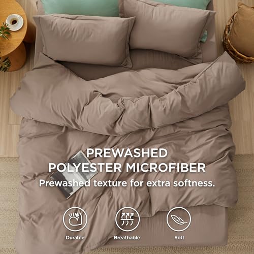 Image of Bedsure Duvet Cover Full Size with Fitted Sheet - 4 Pieces Prewashed Polyester Extra Soft Bedding Set, Includes 1 Duvet Cover 80''x90'' with Zipper Closure, 2 Pillow Shams, 1 Fitted Sheet, Khaki