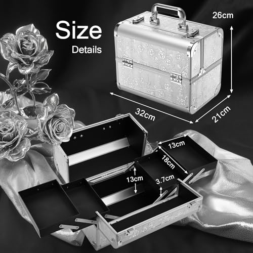 Maletín Maquillaje Profesional Estuche Maquillaje Caja de Maquillaje Maletín Manicura Neceser de Maquillaje Cosmético Joyero Organizador Regalos con Correa para el Hombro para Mujer, Plateado - imagen 6